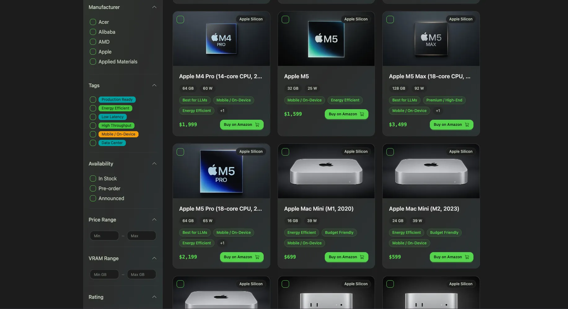 hardware product grid showing manufacturers, price and vram filters